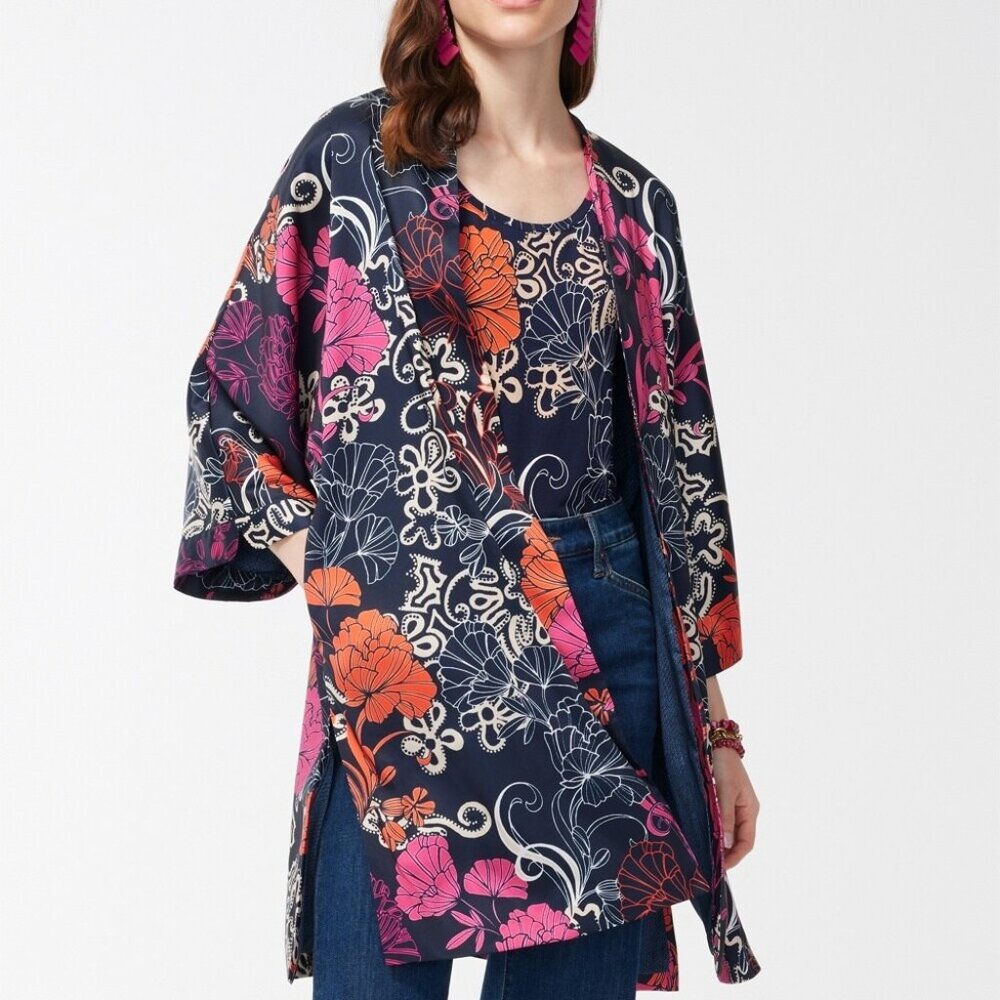 NWOT Gorgeous Navy Chico's Floral Kimono L/XL
